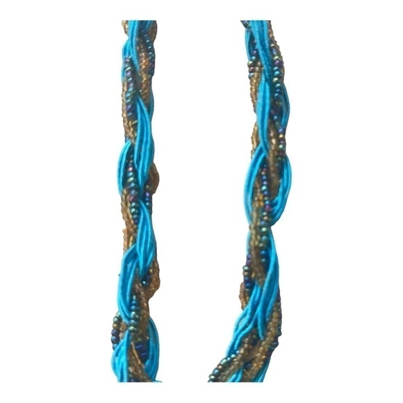Braided vintage retro style turquoise gold and rainbow strands necklace 19 in - Picture 11 of 11